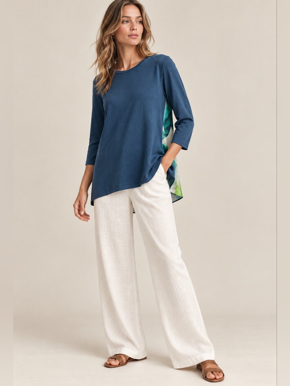 COS Watercolor Silk Back Knit Front 3/4 Sleeve Tunic Pullover Top Large